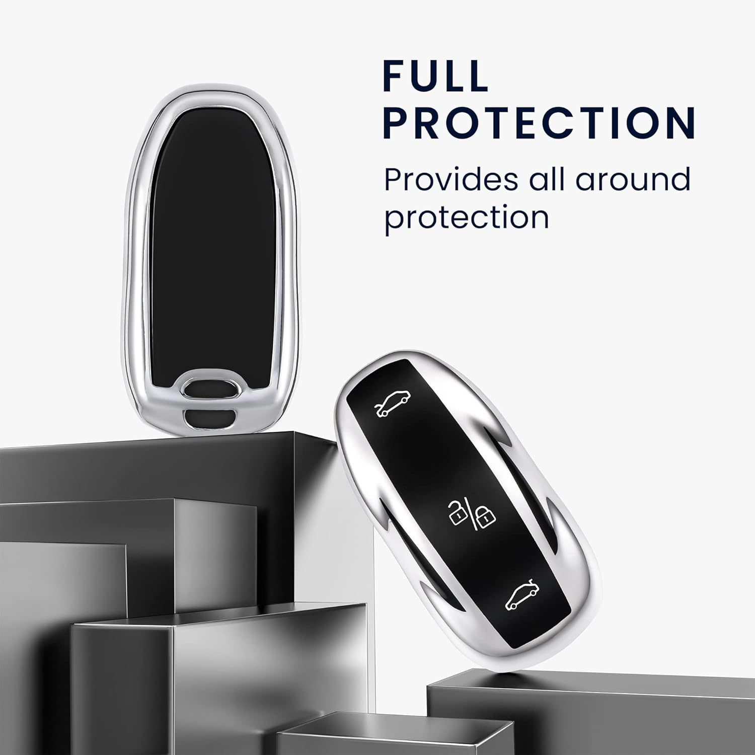 kwmobile Remote Case Compatible with Tesla Model S/Model Y/Model 3 - Car Key Case with TPU Buttons - Shiny Silver - Image 3