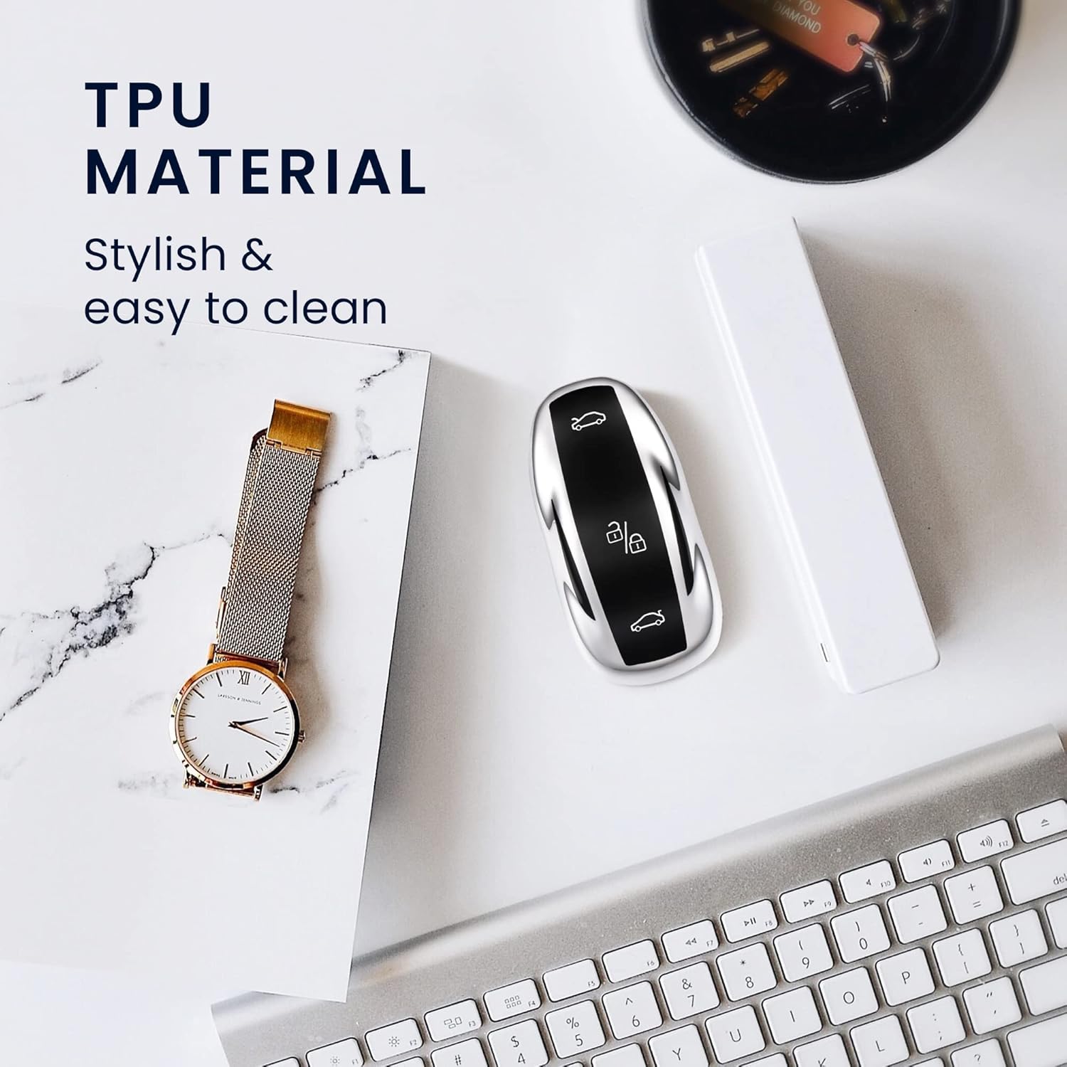 kwmobile Remote Case Compatible with Tesla Model S/Model Y/Model 3 - Car Key Case with TPU Buttons - Shiny Silver - Image 5
