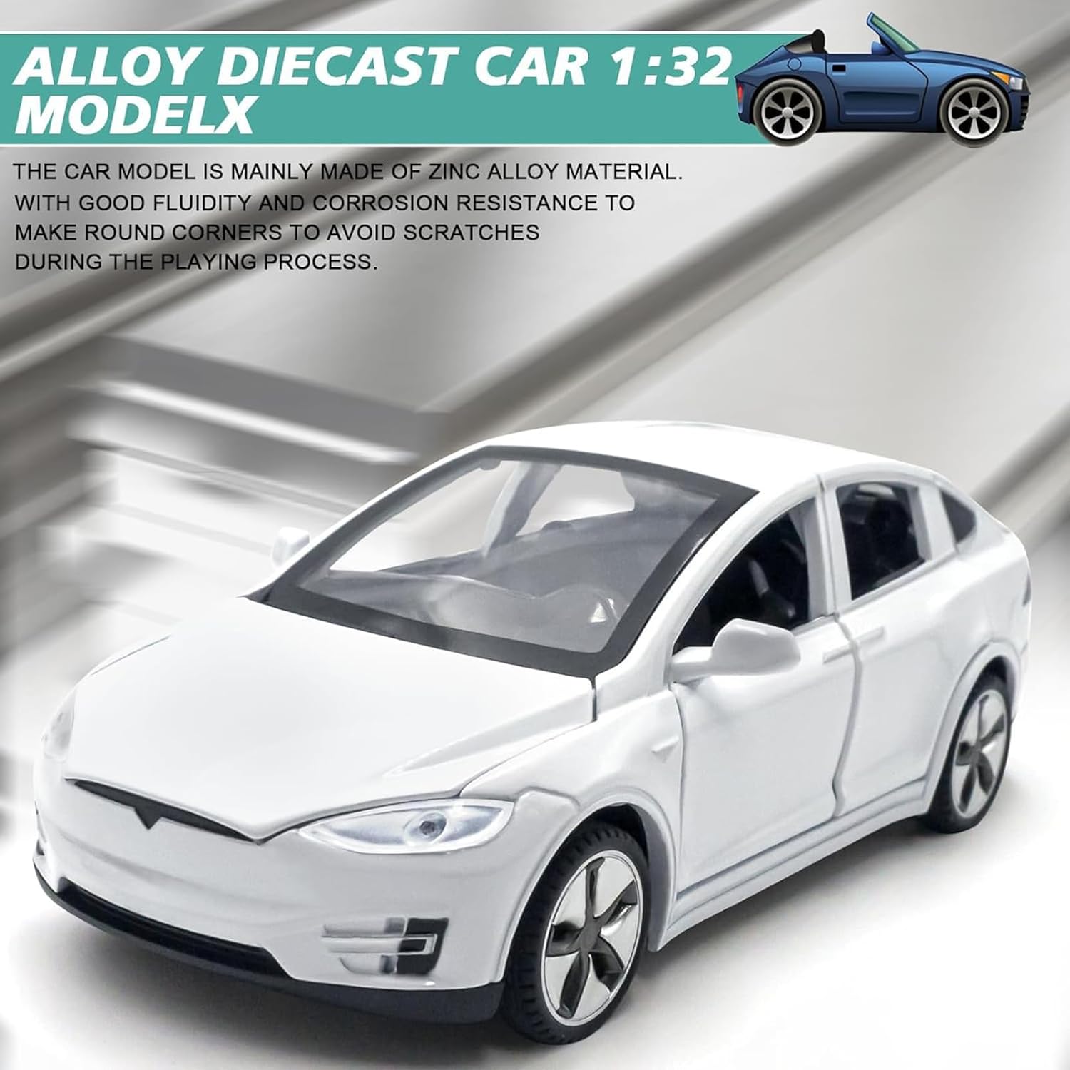 Tesla Model X 1:32 Scale Electronic Die-Cast Alloy Toy with Backup Function, with Lights and Music, Mini Toy Vehicle as Gift for Kids (White) - Image 4