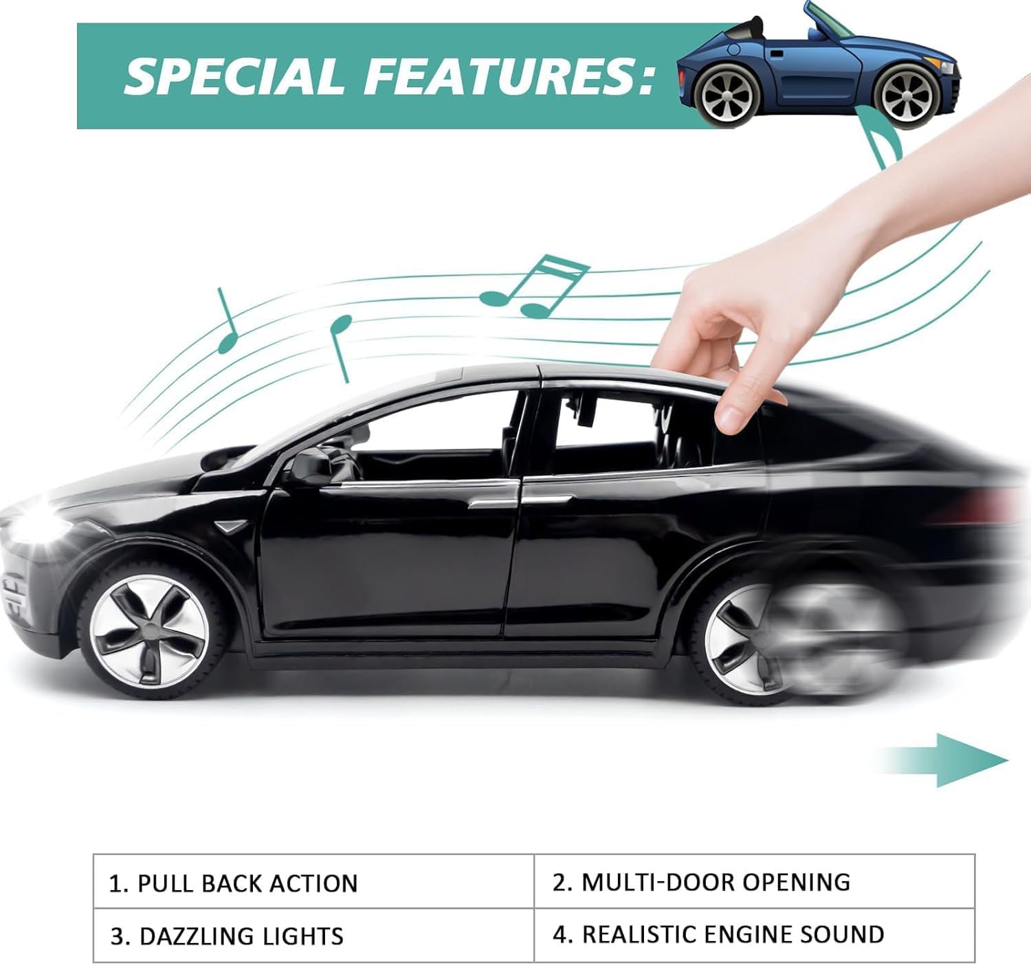 Tesla Model X Car Model 1:32 Scale Die-Cast Alloy Electronic Toy with Backup Function, with Lights and Music, Mini Toy Vehicle as Gift for Kids (Black) - Image 5