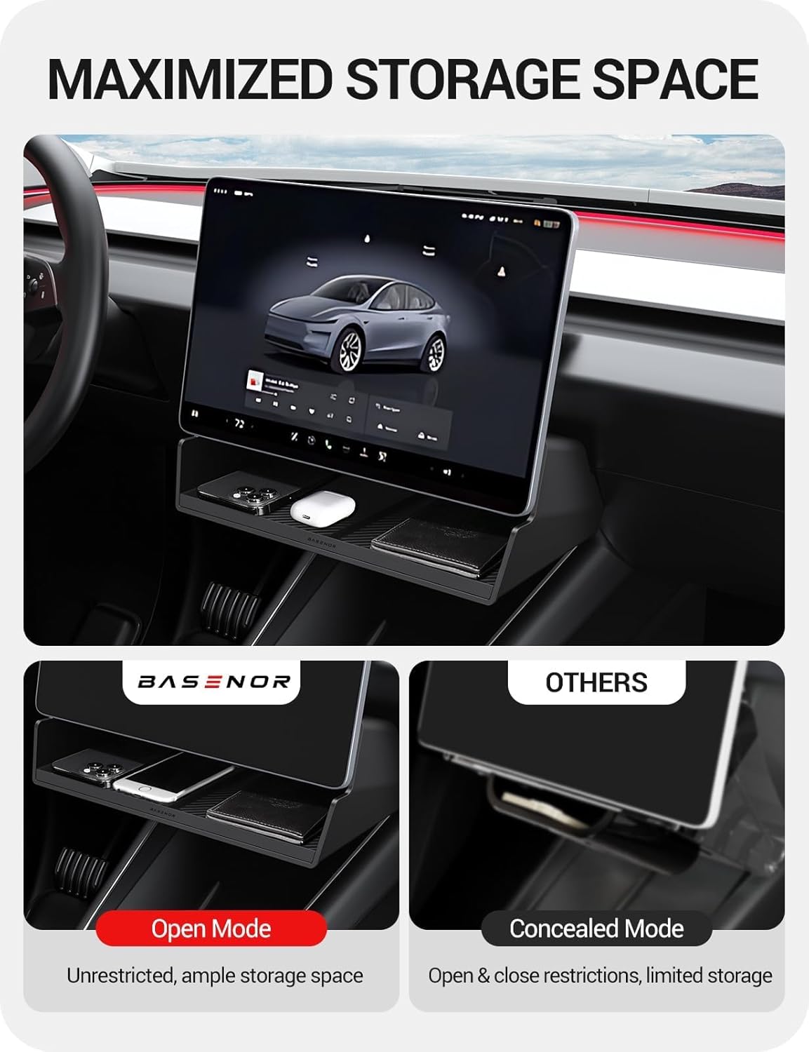 BASENOR 2025 Tesla Model 3 Center Console Organizer Under Screen Storage Tray Tesla Interior Accessories for 2024 Model 3 Hignland - Image 5