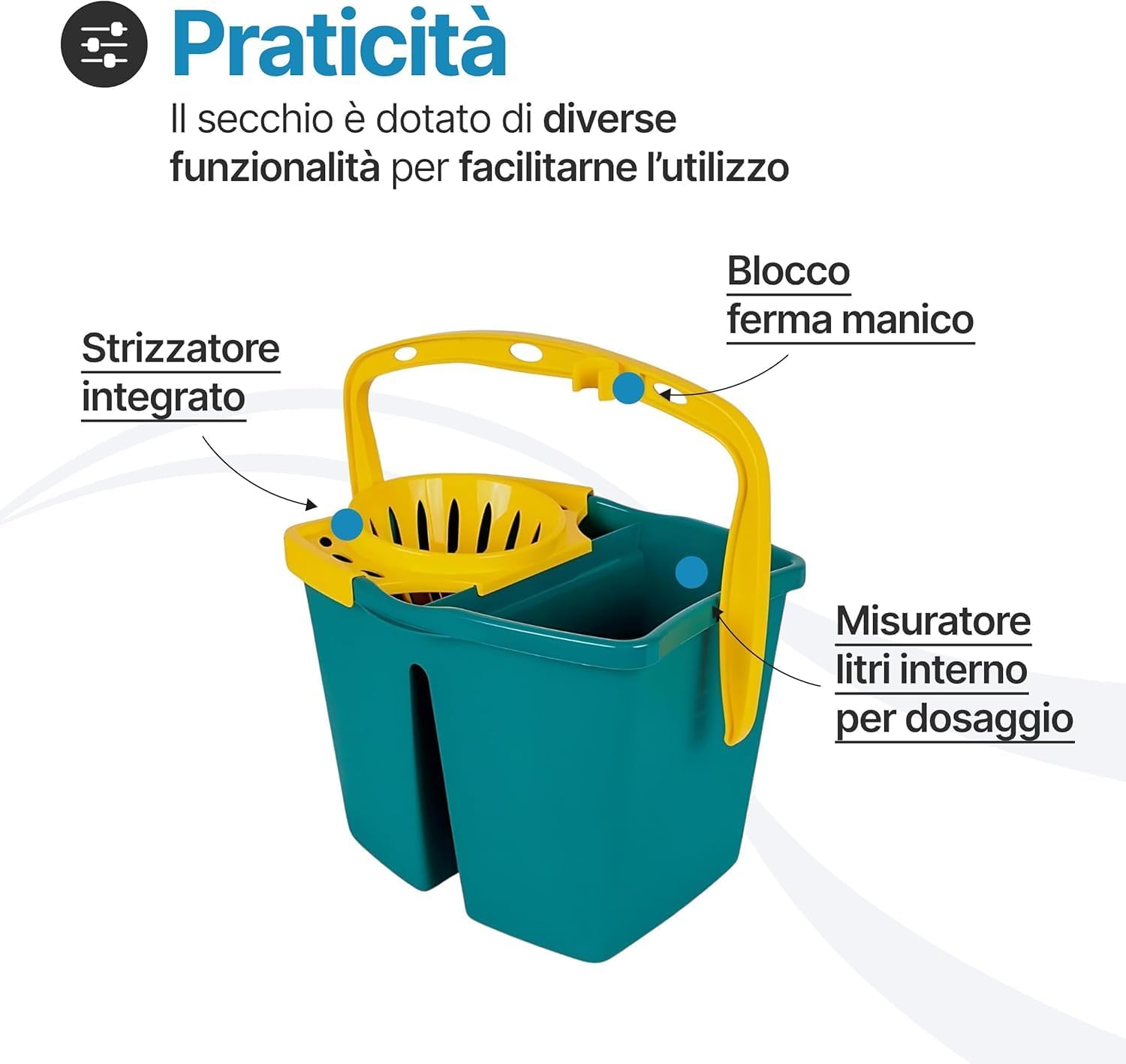 Tomaino - Floor Mop Bucket with Double Plastic Bucket – 7 Litre Mop with Drainer – 2 Tanks for Clean and Dirty Water (Bucket + 2 Micorfibre Refills) - Image 9
