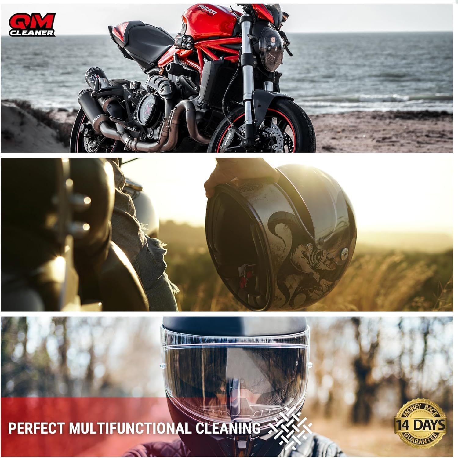 QM Cleaner Cleaning and Maintenance Kit for Motorcycle and Helmet | Multi-Surface Dry Cleaner and Insect Remover for Helmet Includes Total Bike (500 ml), Helmet Cleaner (200 ml) + 2 Cloths - Image 7