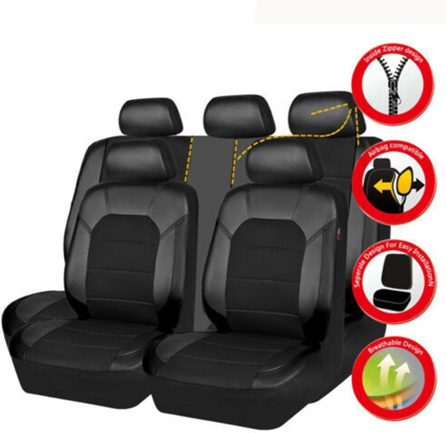 VOIV 9 Pieces Leather Car Seat Cover for Ford Kuga MK2 2012 2013 2014 2015 2016 2017 2018 2019, Waterproof Full Set Seat Covers Protectors Interior Accessories, A Black - Image 5