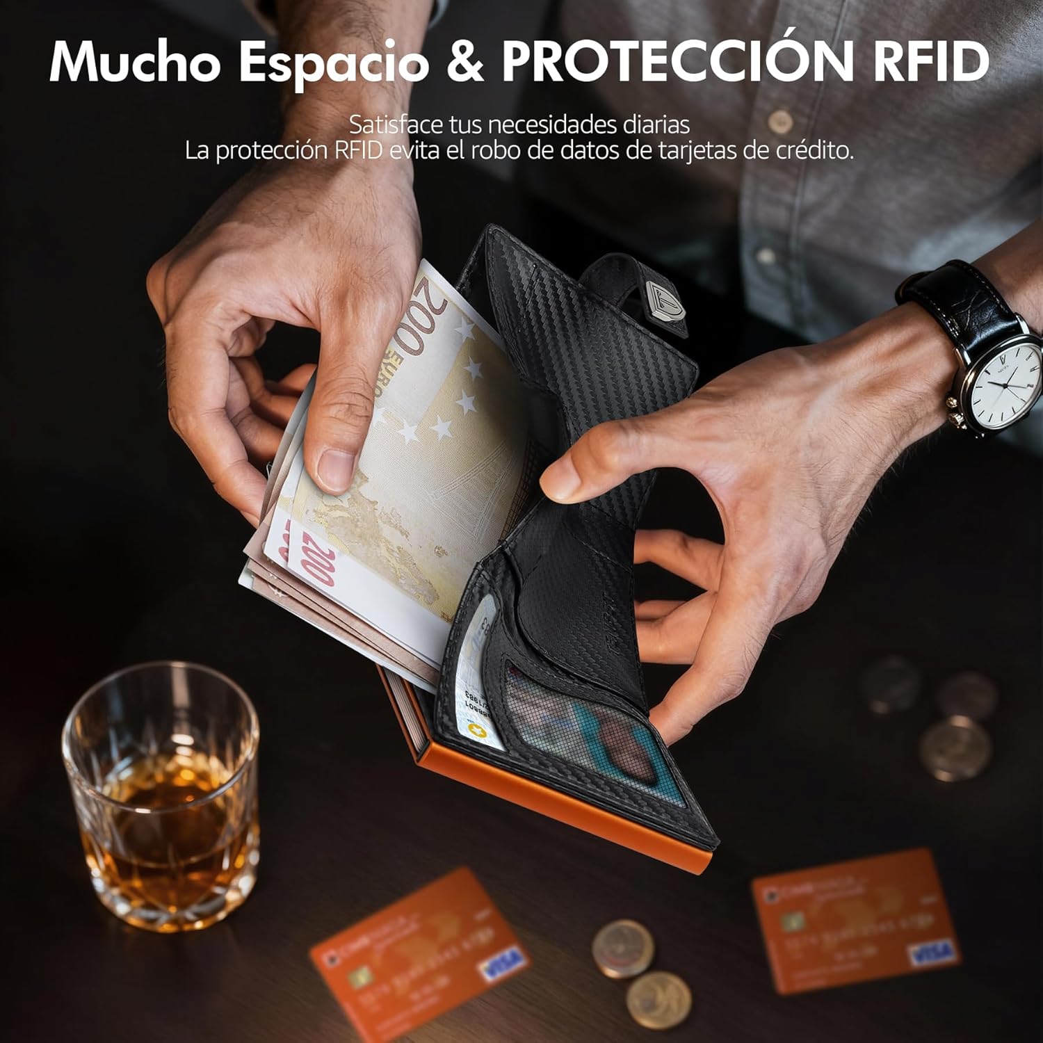 TENBST Carteras para Hombre - Ultrafina Cartera Hombre con Monedero y protección RFID, Tarjetero pequeño Premium, Billeteras para de Lujo para 10 Tarjetas de crédito (Negro & Naranja) - Image 5