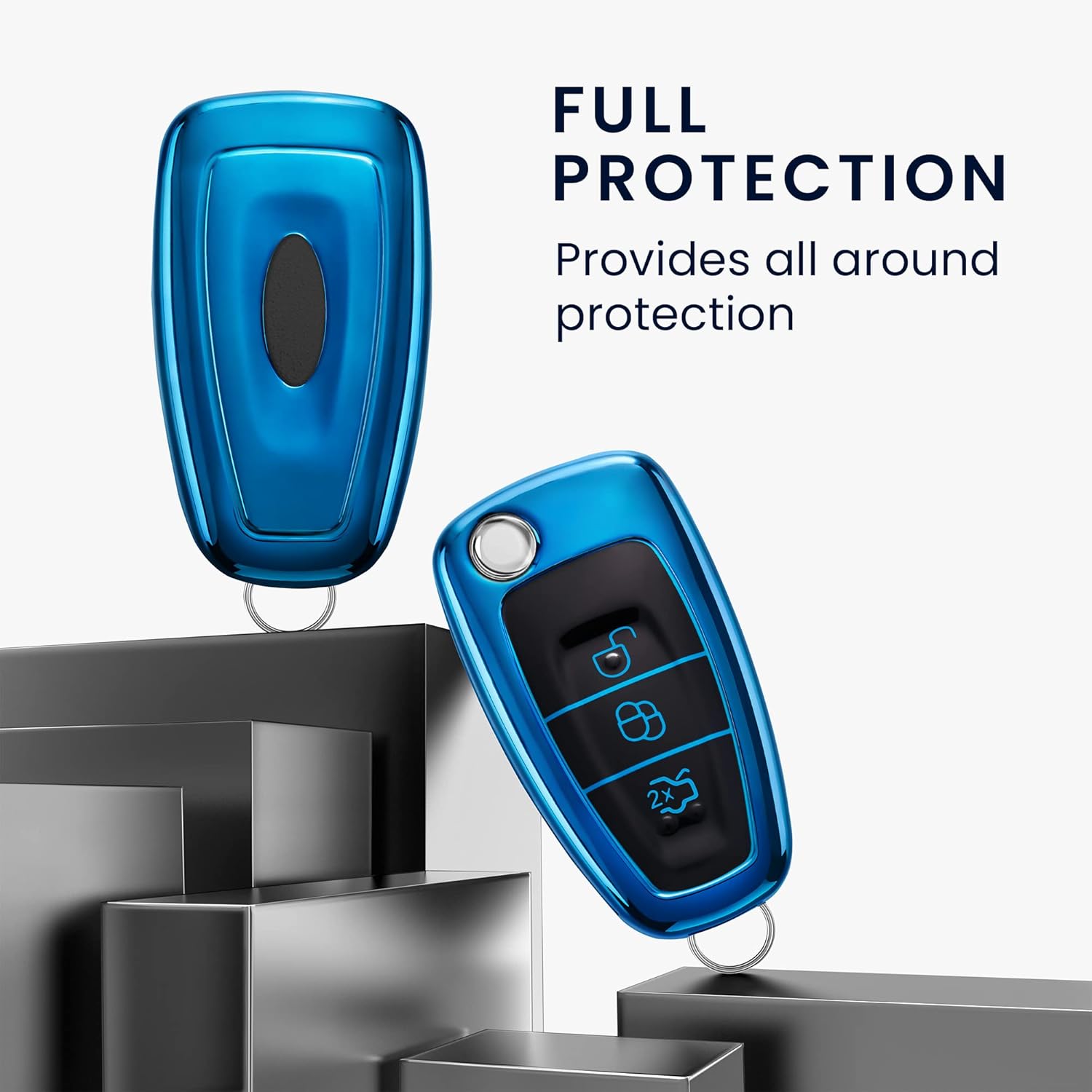 kwmobile Remote Cover Compatible with Ford 3 Button Folding Car Key - TPU Buttons Car Key Case - Bright Blue - Image 3