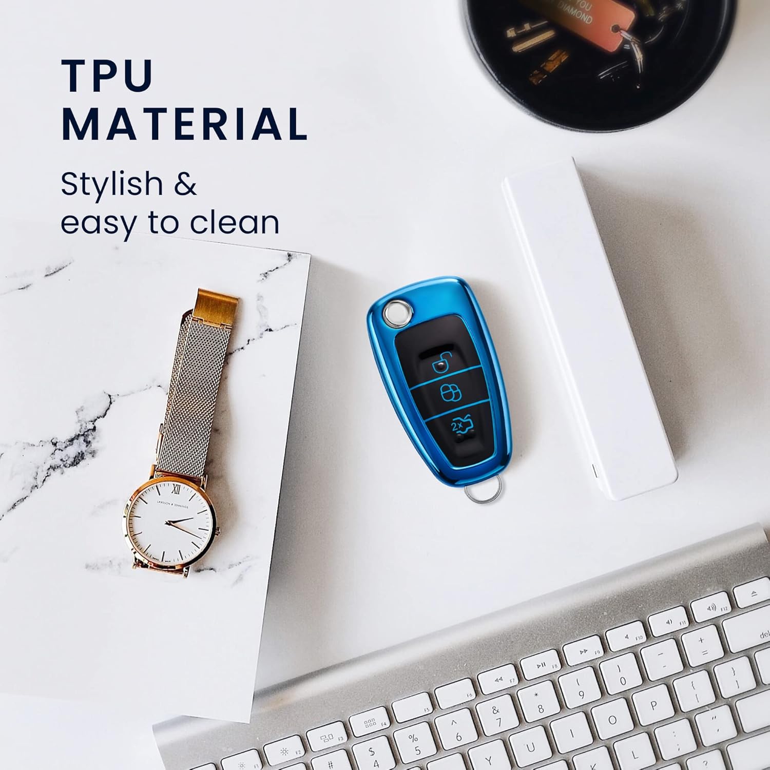 kwmobile Remote Cover Compatible with Ford 3 Button Folding Car Key - TPU Buttons Car Key Case - Bright Blue - Image 5