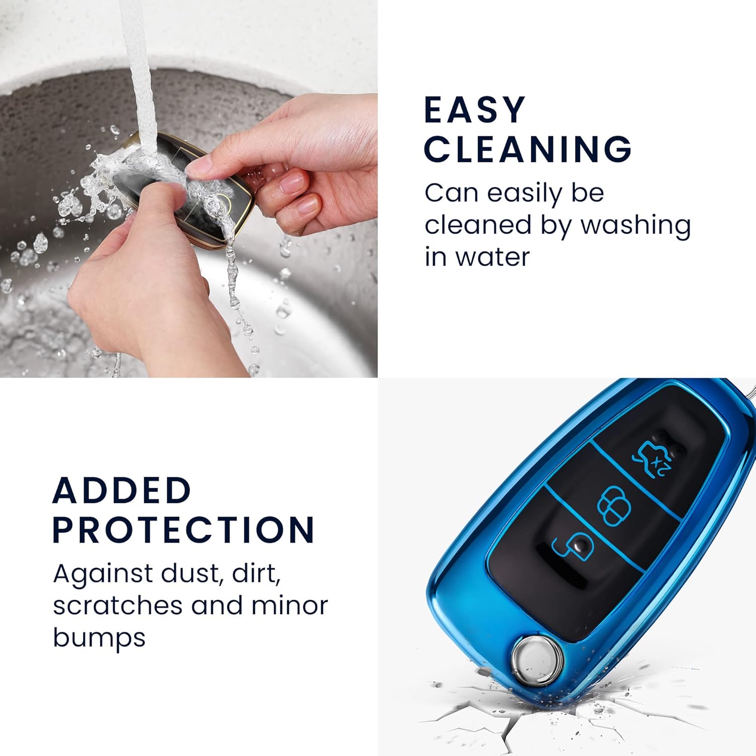 kwmobile Remote Cover Compatible with Ford 3 Button Folding Car Key - TPU Buttons Car Key Case - Bright Blue - Image 6