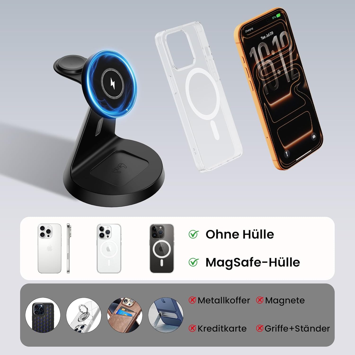 3 in 1 Wireless Charger for Mag-Safe: JoyGeek Inductive Charging Station for Apple Watch and iPhone, for i Phone Air 17/16/15-12 Series, for iWatch 11-2/Ultra/SE, for Air Pods 4-2 - Image 7