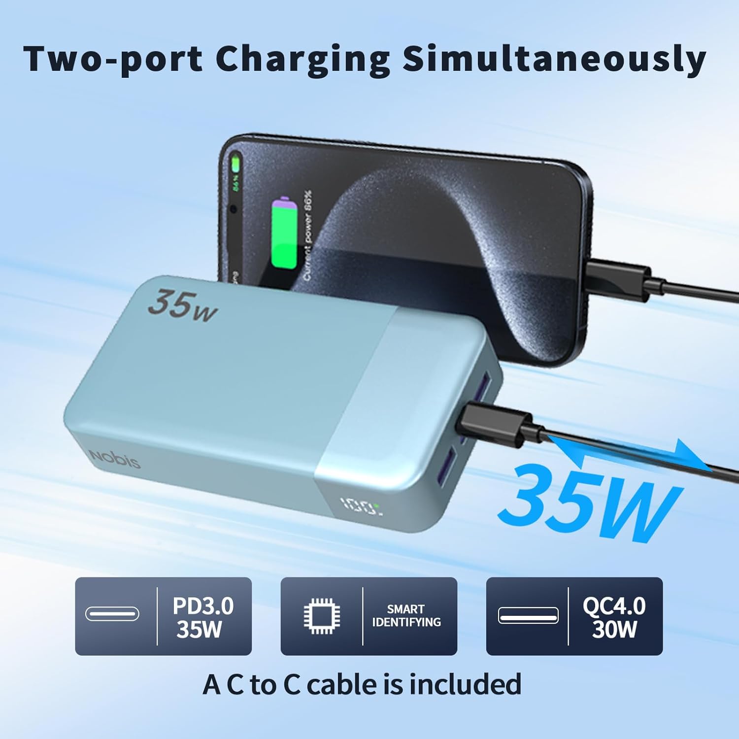 NOBIS Powerbank 20000mAh, 35W PD3.0 External Battery Quick Charge, QC4.0 Portable Battery for MacBook, Phone 11 13 15 16 S23 S22, Airpods etc - Image 4