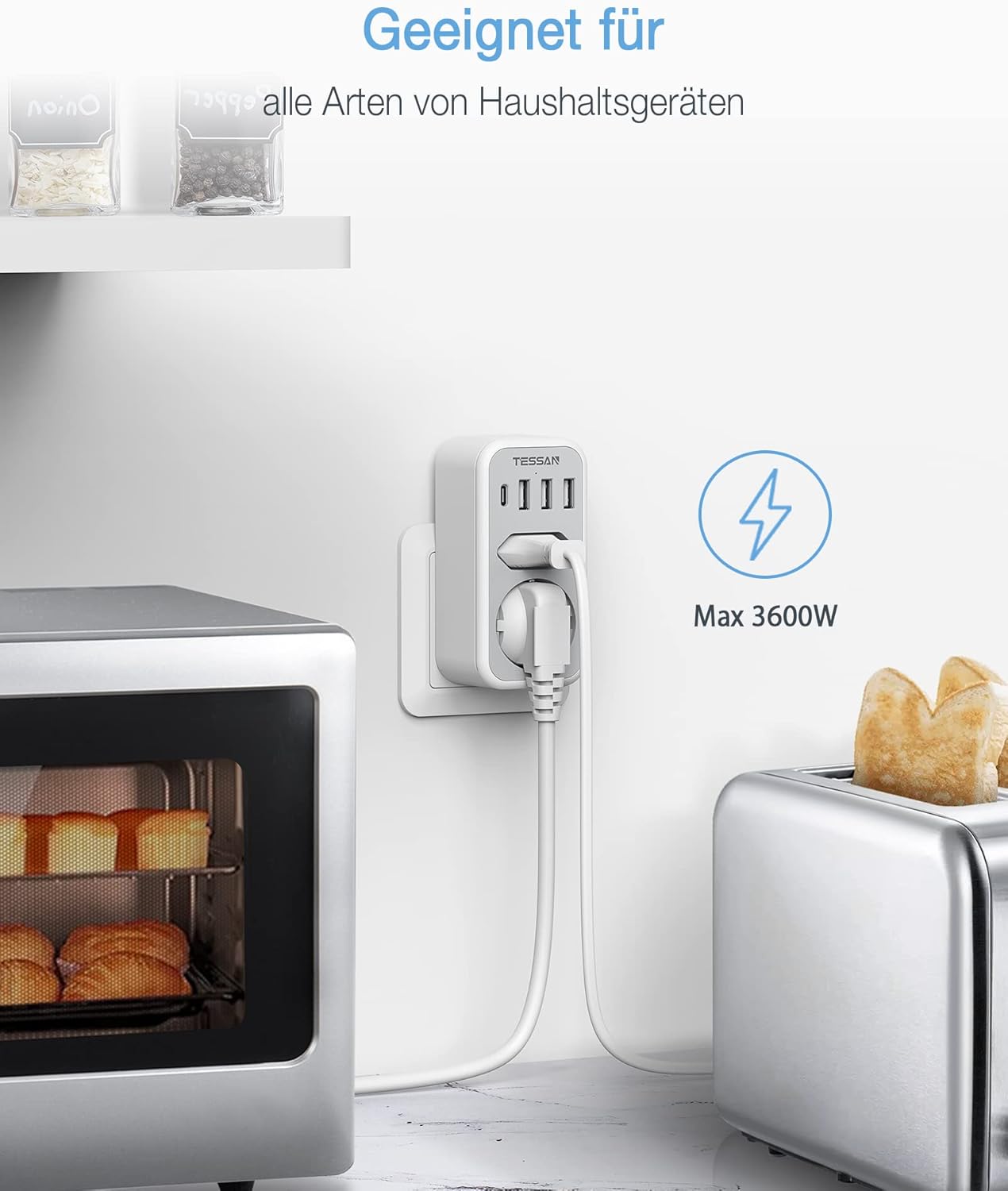 TESSAN Thief USB Sockets with 1 Type C Port, Multiple Charger Plug, USB C Charger Multiple Vertical Wall - Image 7