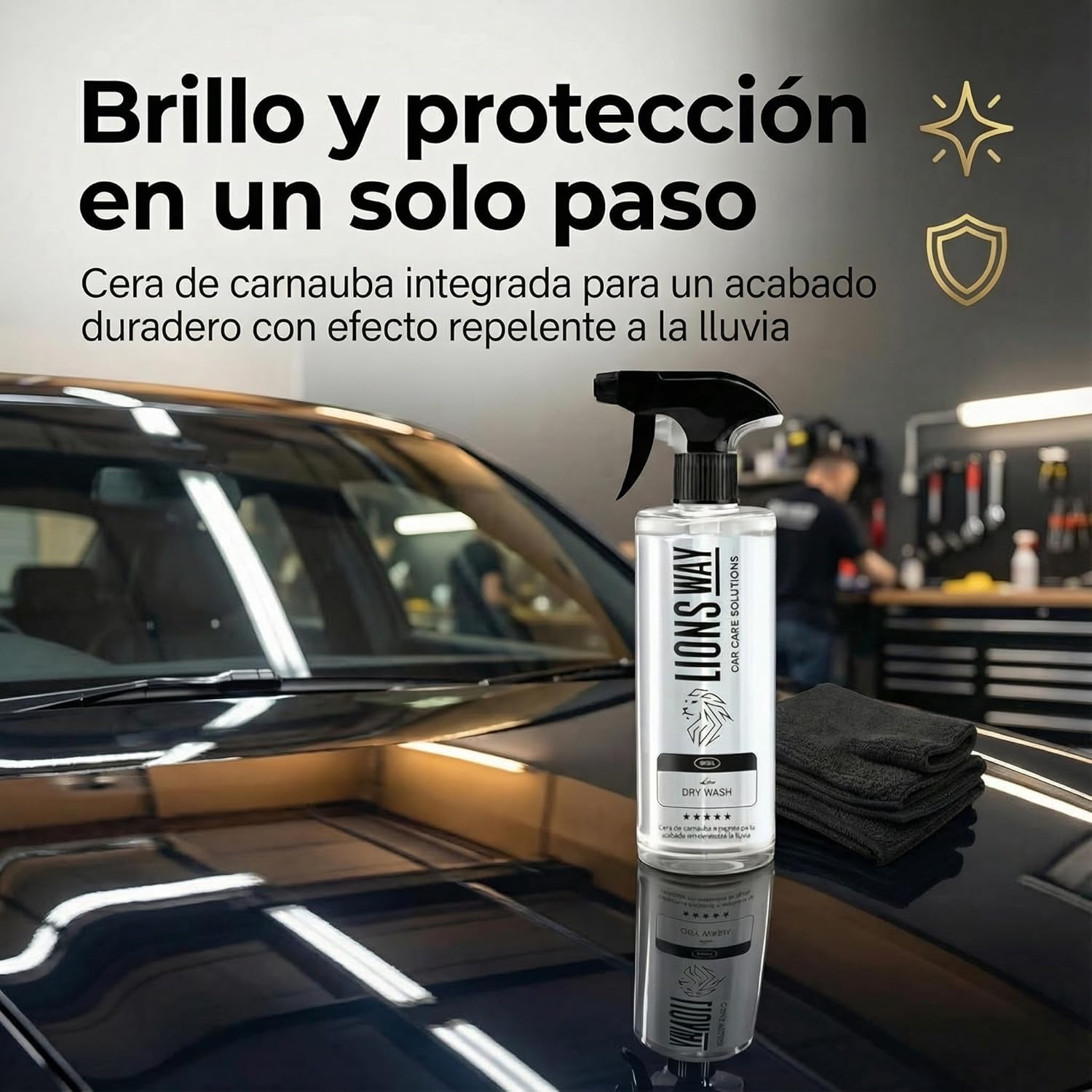 LionsWay: Carnauba Wax Dry Car Cleaning Professional Detailing Powerful Waterless Polish Fast Ceramic Treatment for Cars and Motorcycles (Dry Wash 500ml + Premium Cloth). - Image 6