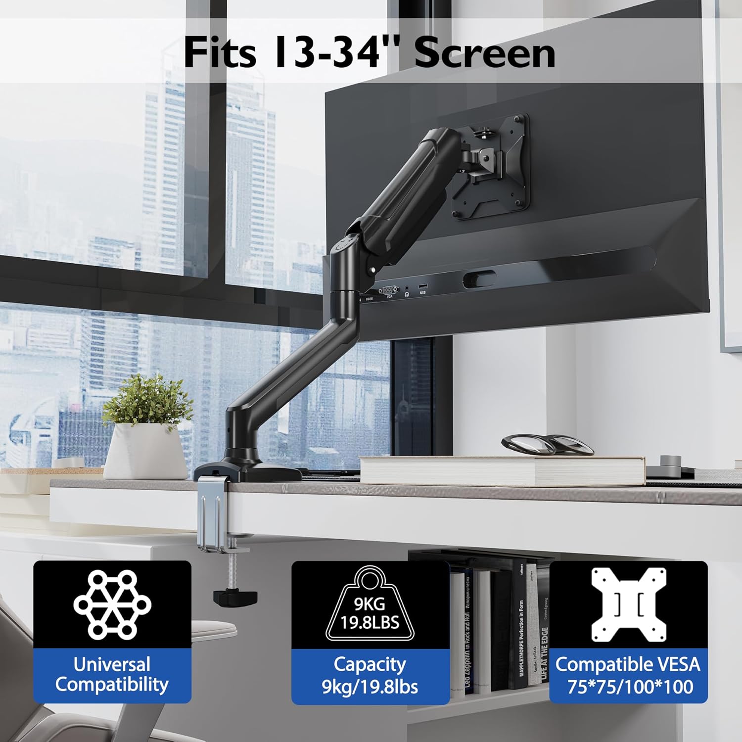 BONTEC Desktop Monitor Stand for Screens 13-32" with Tilt, Swivel and Rotate 360°, Ergonomic Monitor Arm with Gas Spring, VESA 75/100 mm, up to 9 kg, Mounting with Clamp and Grommet - Image 5