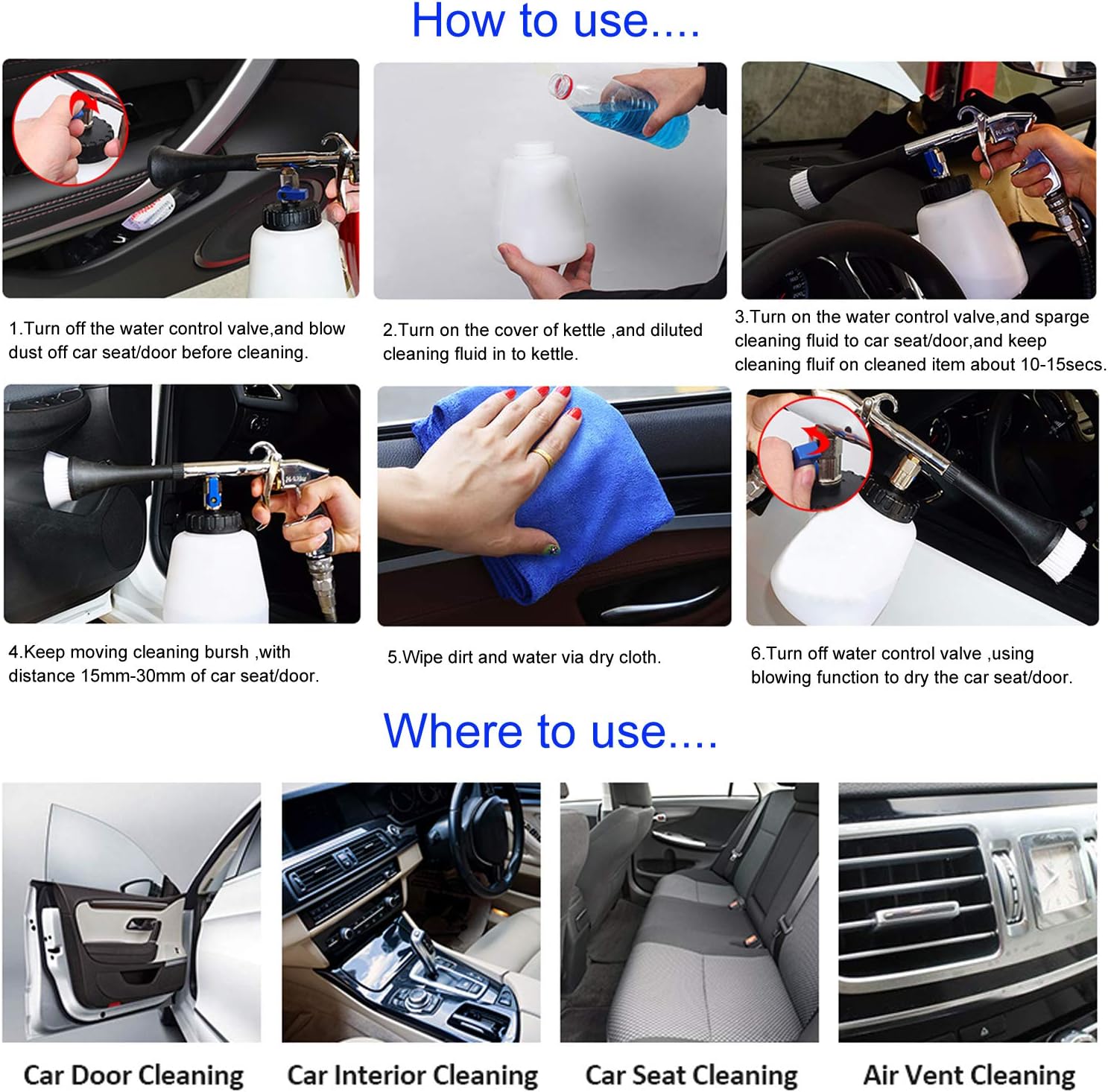 Car Cleaning Gun Interior Washing Gun Compressed Air 6~9.2Bar with Bottle, with Bristle Brush, for Car Dashboard Leather Seats - Image 5