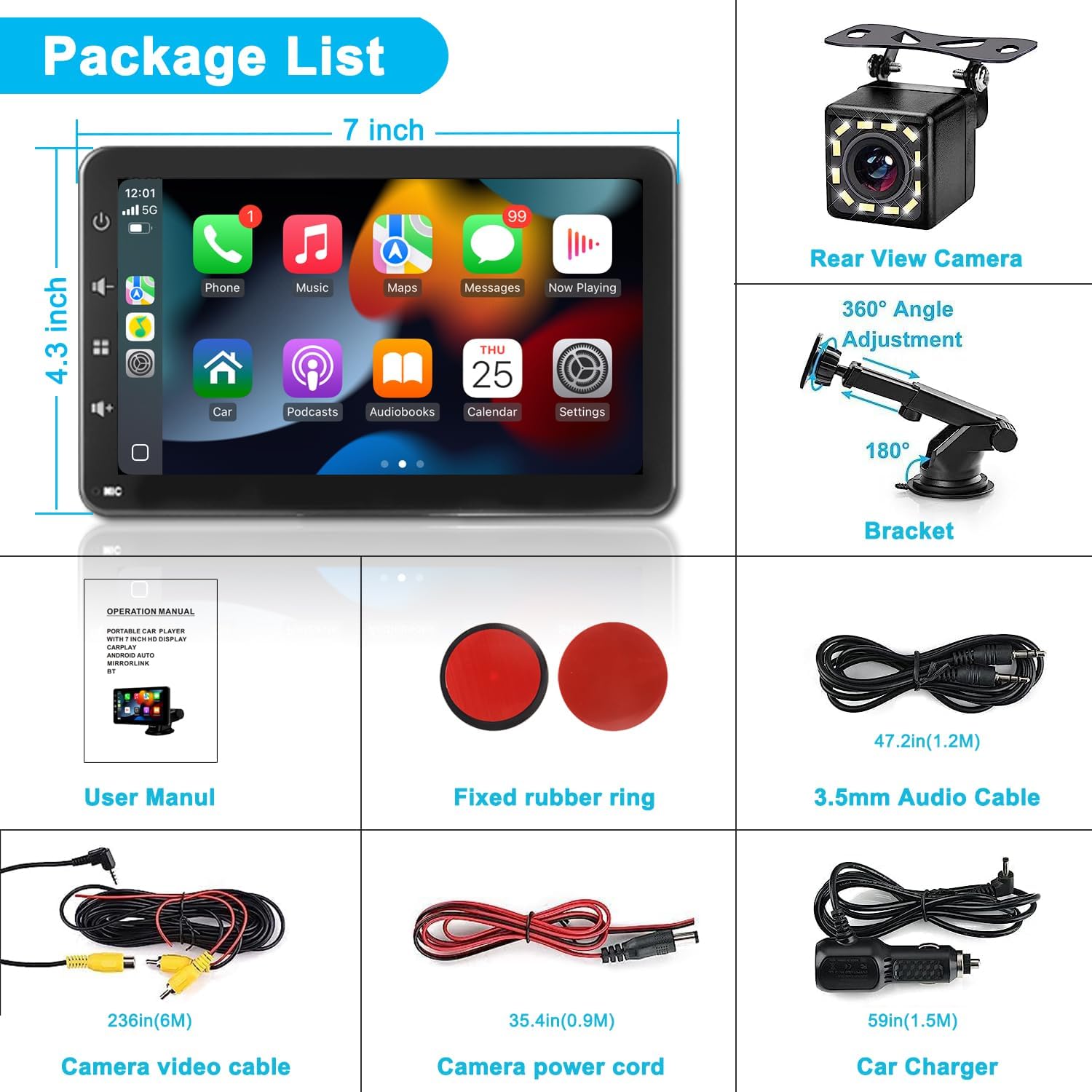 Car Screen with CarPlay and Android Auto Wireless - 7 Inch Carplay Screen with Mirror Link - Portable Car Radio with Voice Assistance/FM/AUX/Rear Camera - Image 8