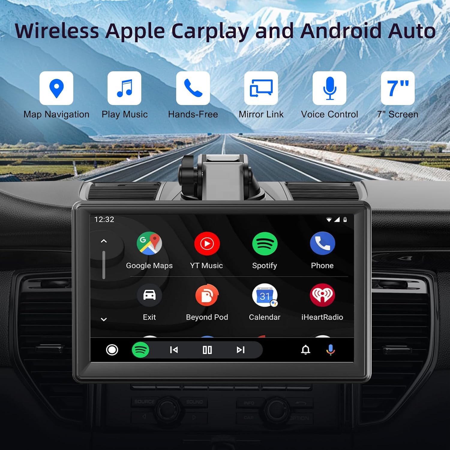 Car Screen, 7" Car Carplay Screen for A-pple and Android with HD Touch Screen, Wireless, GPS Navigation, Bluetooth, Hands-Free Voice Control, Mirror Link, AUX, FM, Siri & G-oogle - Image 3
