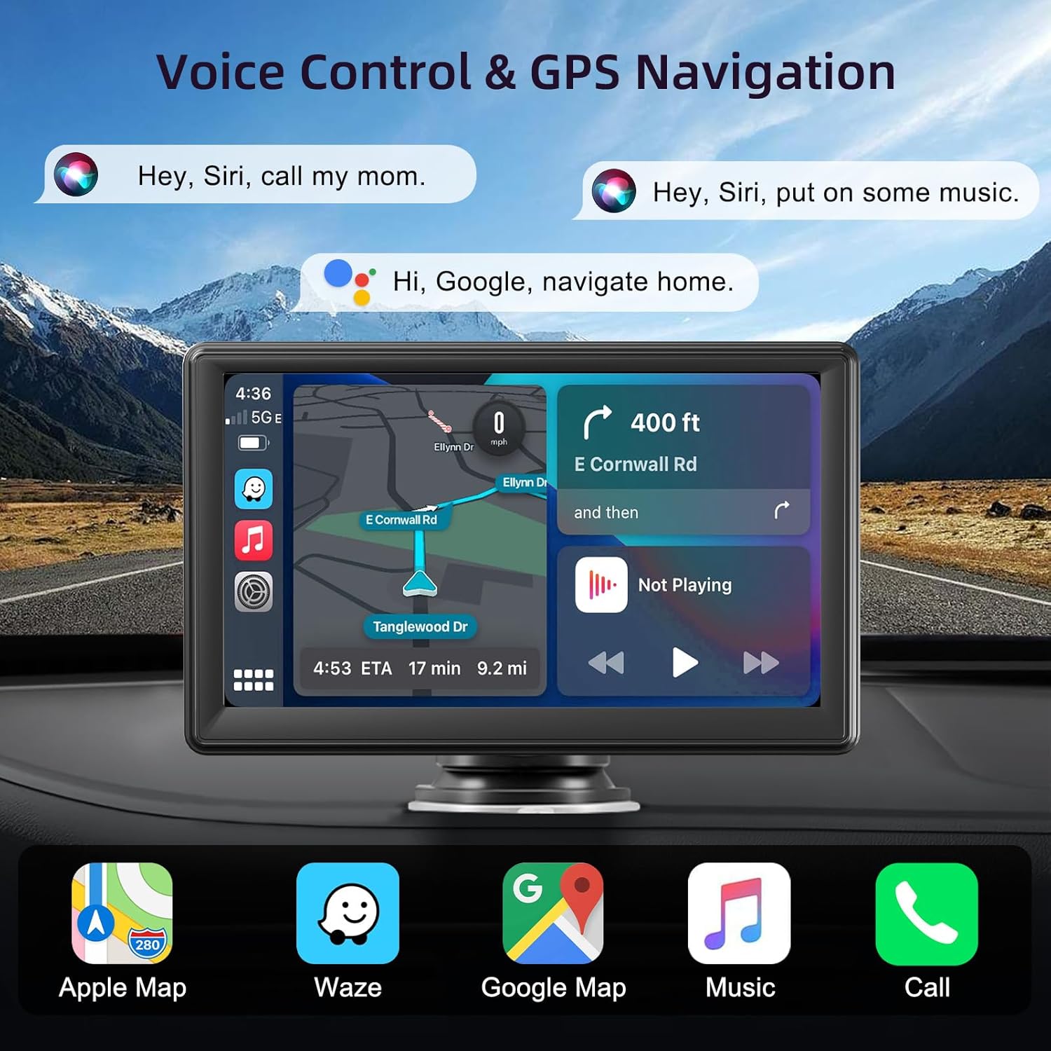Car Screen, 7" Car Carplay Screen for A-pple and Android with HD Touch Screen, Wireless, GPS Navigation, Bluetooth, Hands-Free Voice Control, Mirror Link, AUX, FM, Siri & G-oogle - Image 4