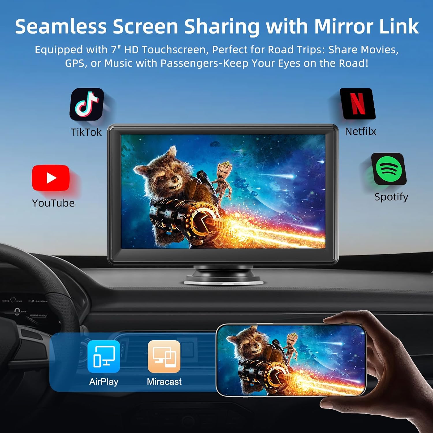 Car Screen, 7" Car Carplay Screen for A-pple and Android with HD Touch Screen, Wireless, GPS Navigation, Bluetooth, Hands-Free Voice Control, Mirror Link, AUX, FM, Siri & G-oogle - Image 5