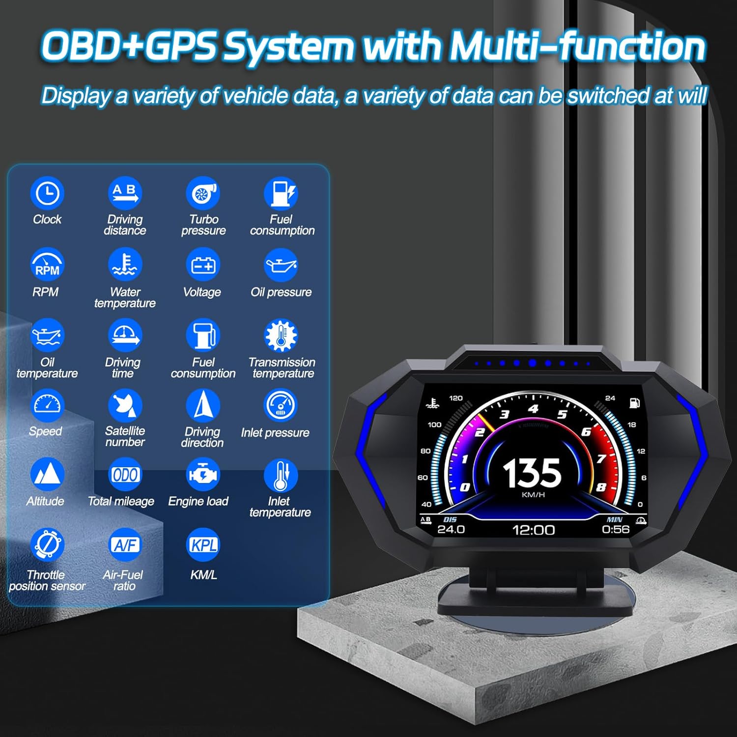 KAOLALI Head Up Display OBD2 GPS Auto HUD Digital Tachometer Universal Digital Speedometer with Speed Notice, Fatigue Reminder, MPH KM/H for All Vehicles - Image 4