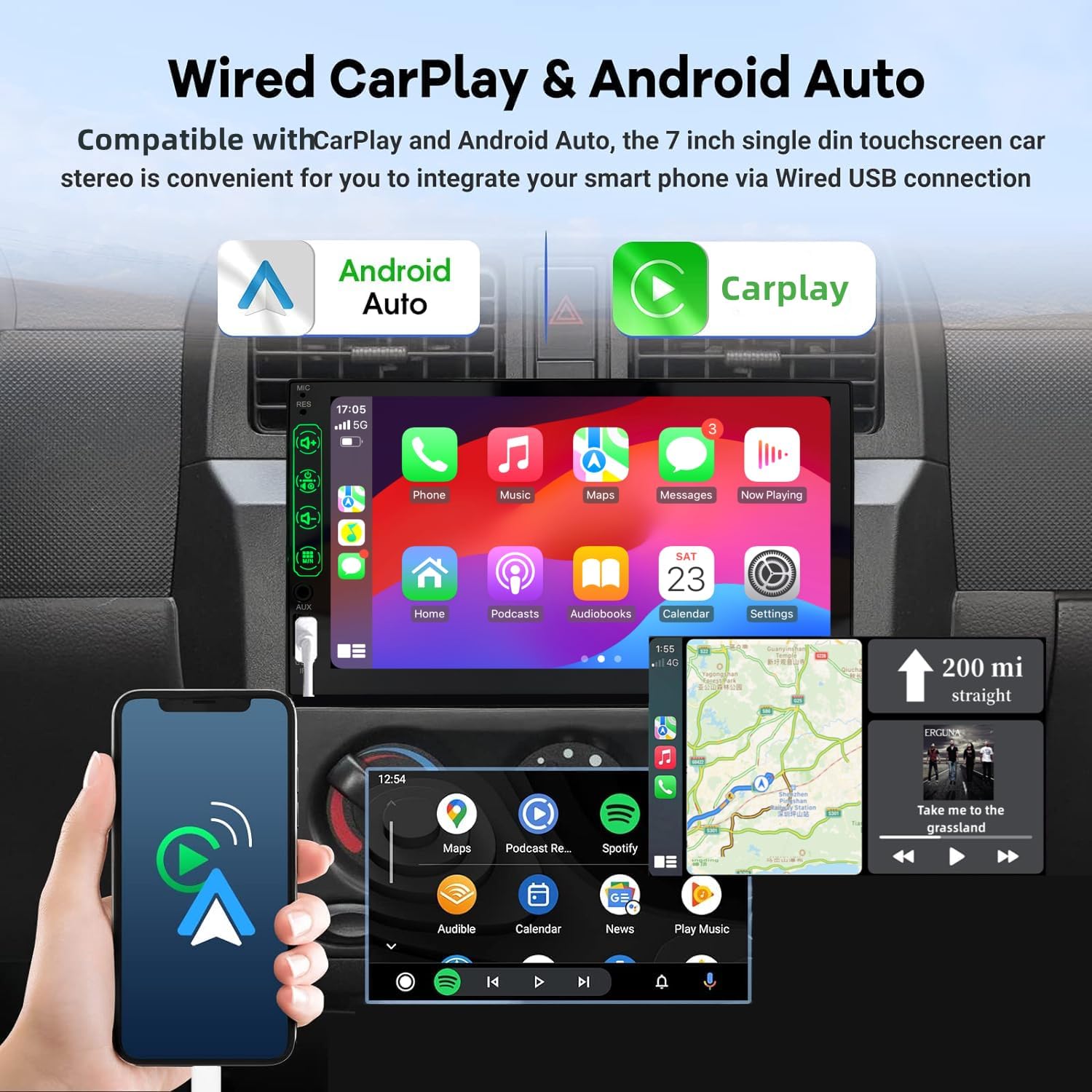 1 DIN Car Radio with CarPlay and Android Auto - 7 Inch Touch Screen, Autoradio with Bluetooth and Mirror Link Support for iOS/Android with Backup Camera - Image 3