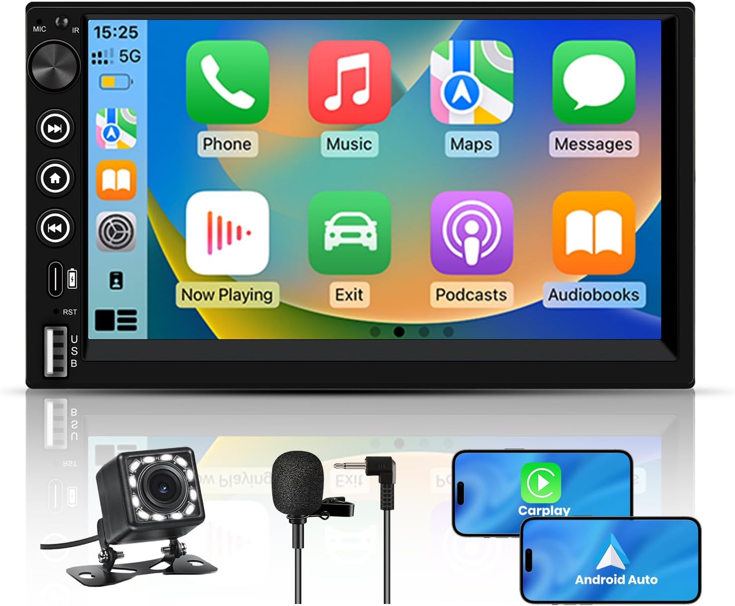 2 DIN Universal Car Radio with Touch Screen 7 Inches, with CarPlay/AndroidAuto/Mirror Link, Supports Charging Type-C/USB/Microphone/FM/EQ/WiFi/GPS/Bluetooth/USB/SWC and Rear Camera - Image 2