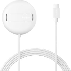 Cargador inalámbrico Belkin compatible con MagSafe, base magnética de carga 15 W, certificado Qi2, compatible con iPhone 17, Air, Samsung Galaxy S25, Pixelsnap y AirPods, sin fuente de alimentación, blanco