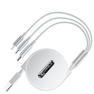 Cable de carga retráctil CAFELE 3 en 1, 20-120 cm, 5 V/3 A, carga rápida segura, USB a Type-C/MicroUSB/Phone para iPhone 14/13/12, Galaxy y Huawei, blanco