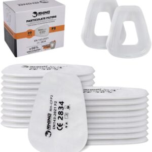 Filtros de algodón RHINO Smart Solutions FFP2 para filtro de carbono y máscara reutilizable antigás, polvo, pintura, química, vapores y fitosanitarios, 20 filtros + 2 tapas