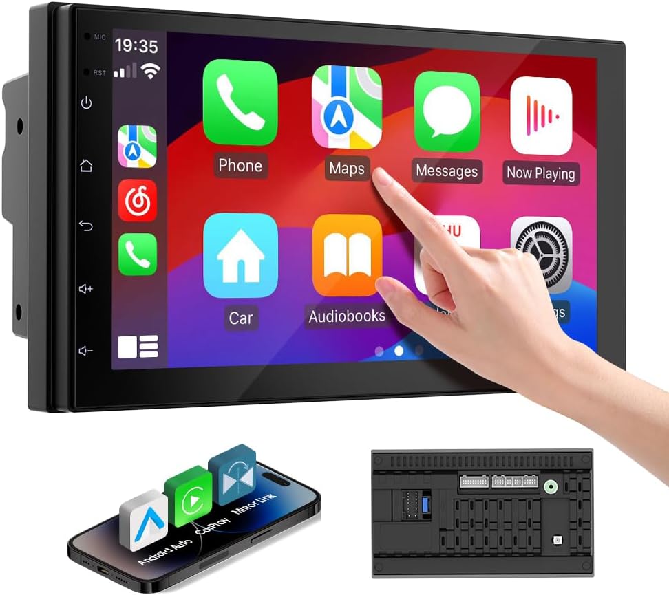 Radio de coche 2 DIN con CarPlay inalámbrico y Android Auto, pantalla táctil HD de 7", compatible con manos libres, AUX, FM/AM y reproductor de música, sin cámara trasera