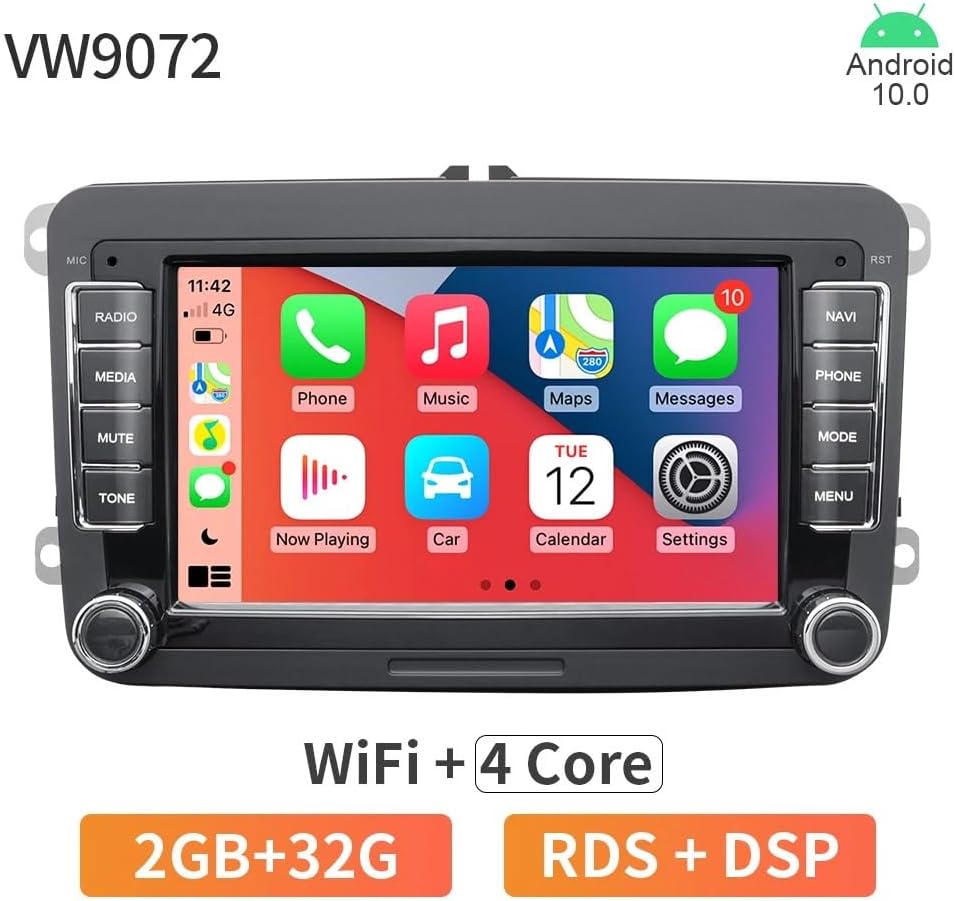 Radio de coche 2 DIN Android 10, pantalla 7 pulgadas, Bluetooth, GPS, navegación y reproductor multimedia, para VW, Volkswagen, Skoda y Seat, con marco