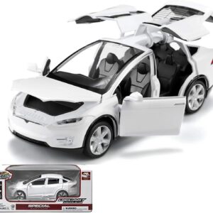 Tesla Model X a escala 1:32, juguete electrónico de aleación fundida con función de retroceso, luces y música, mini vehículo de regalo para niños, blanco