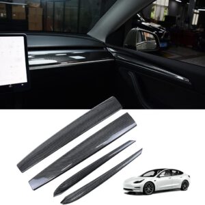 KKTR-CAR kit de vinilo decorativo interior efecto carbono para salpicadero y molduras de puertas Tesla Model 3 Model Y, 4 piezas, fibra de carbono brillante