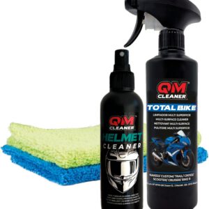 Kit QM Cleaner de limpieza y mantenimiento para moto y casco, limpiador seco multisuperficie y eliminador de insectos, incluye Total Bike 500 ml, limpiador de casco 200 ml y 2 paños