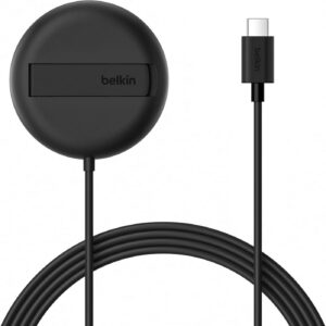 Cargador inalámbrico Belkin compatible con MagSafe, base magnética de carga 15 W, certificado Qi2, compatible con iPhone 17, Air, Samsung Galaxy S25, Pixelsnap y AirPods, sin fuente de alimentación, negro