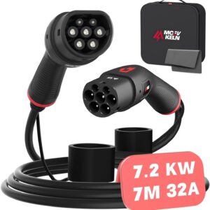 Cable de carga EV Tipo 2 a Tipo 2 monofásico, 7,2 kW, 32 A, 7 m, carga rápida para vehículos eléctricos, con bolsa de cable