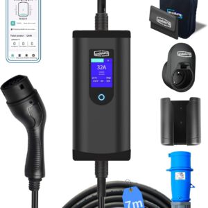 Cargador EV portátil Tipo 2 7 kW, monofásico, 6-32 A con corriente ajustable, cable de 7 m, enchufe CEE, protección IP65, compatible con todos los PHEV/EV
