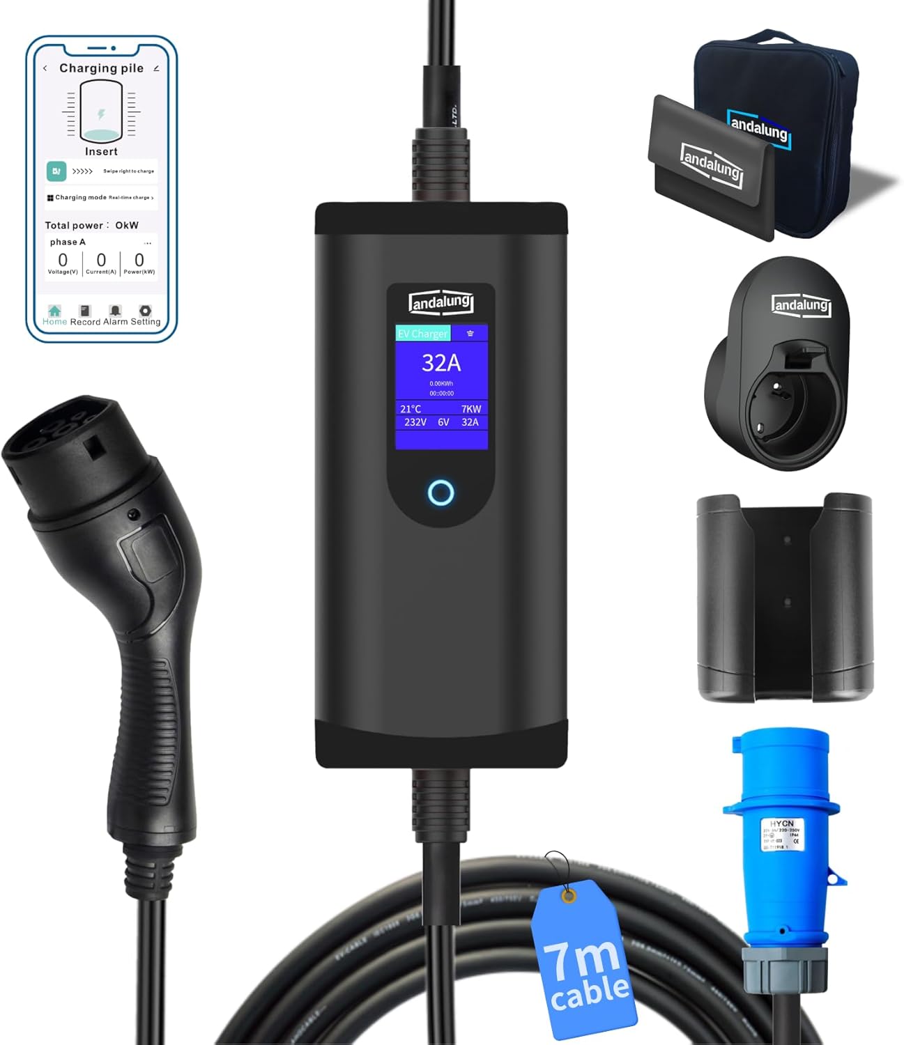 Cargador EV portátil Tipo 2 7 kW, monofásico, 6-32 A con corriente ajustable, cable de 7 m, enchufe CEE, protección IP65, compatible con todos los PHEV/EV