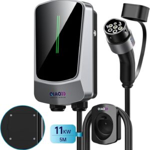Cargador EV QIAO 11 kW Tipo 2, estación mural Wallbox para vehículo eléctrico con cable de 5 m, pantalla LED, soporte de cable, cargador trifásico 16 A para hogar