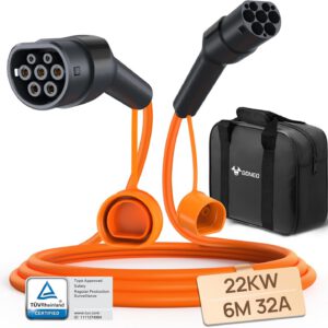 GONEO Cable de Carga Tipo 2 22kW 6M Cable de Carga para Vehículos Eléctricos 32A Trifásico Modo 3 Protección IP54 y UL94 V-0 Contactos Plateados Libre de Halógenos Incluye Bolsa de Transporte