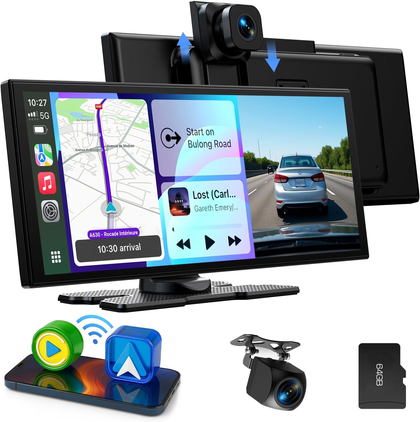 Pantalla LAMTTO CarPlay inalámbrica de 10,25" con Android Auto, estéreo con dashcam frontal/trasera 2.5K+1080P, sin instalación, navegación, Bluetooth, FM, AUX y tarjeta TF 64 GB