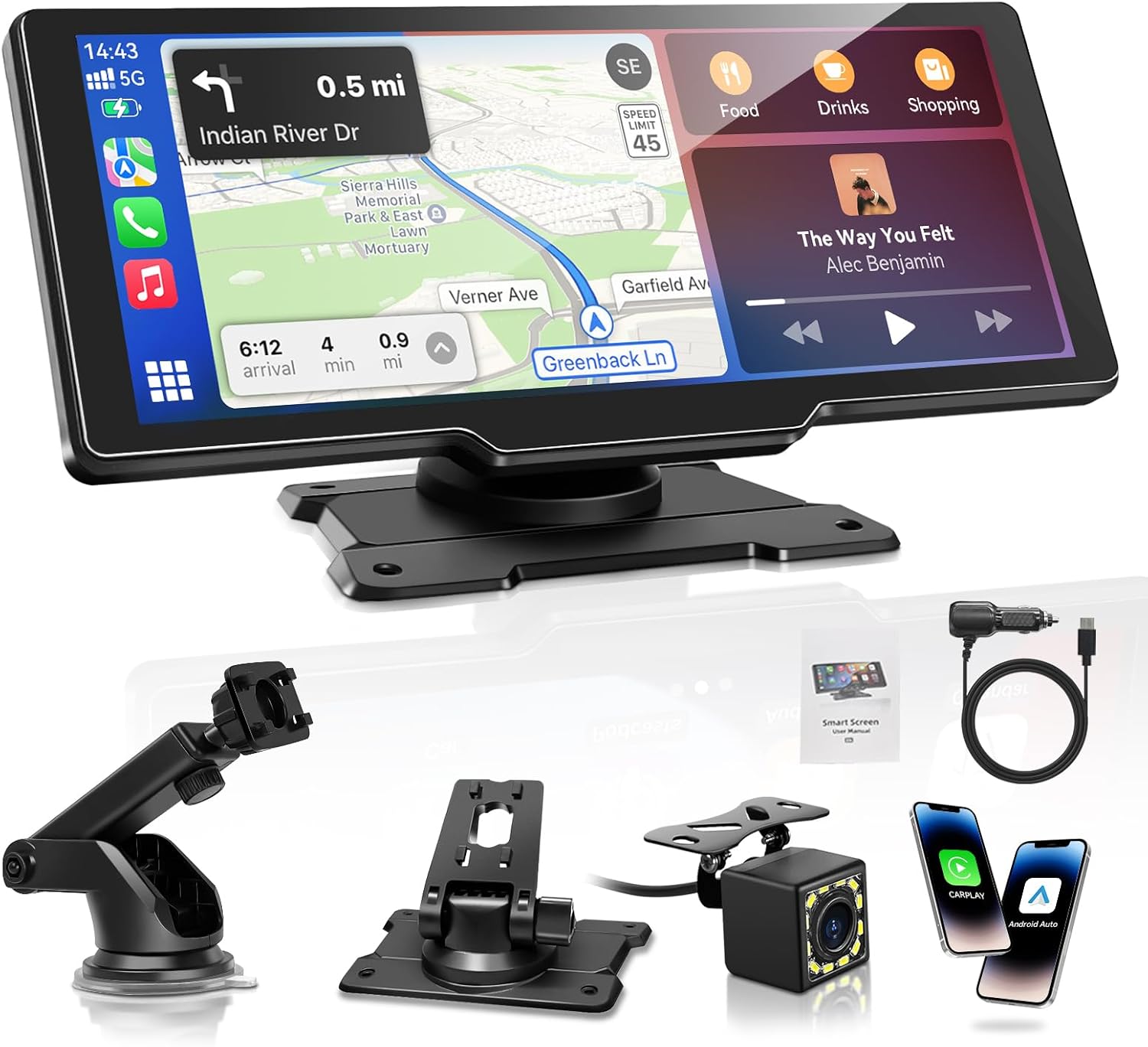 Pantalla CarPlay para coche compatible con Apple y Android Auto, 10,26" táctil con cámara trasera IPS 1080P, Bluetooth, GPS, Super Link, FM, AUX y control por voz