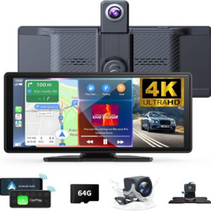 Pantalla CarPlay inalámbrica de 10,26″ con rotación 360°, dashcam 4K, cámara trasera 1080P, navegación GPS, Mirror Link, voz y Siri