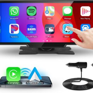 Radio portátil Podofo con Apple CarPlay y Android Auto inalámbricos, Bluetooth, pantalla CarPlay de 10,26″, Mirror Link, control por voz, GPS, mapas TF y entrada AUX para coche y camión