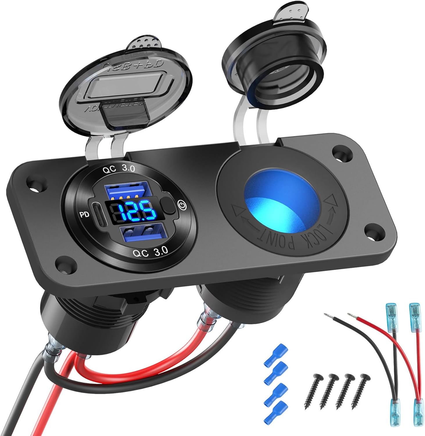 Panel de interruptores marino con toma USB 12 V, puertos PD3.0 y doble QC3.0, cargador de aluminio con voltímetro LED, enchufe iluminado 12 V empotrado 2 en 1 para barco, camper, etc.