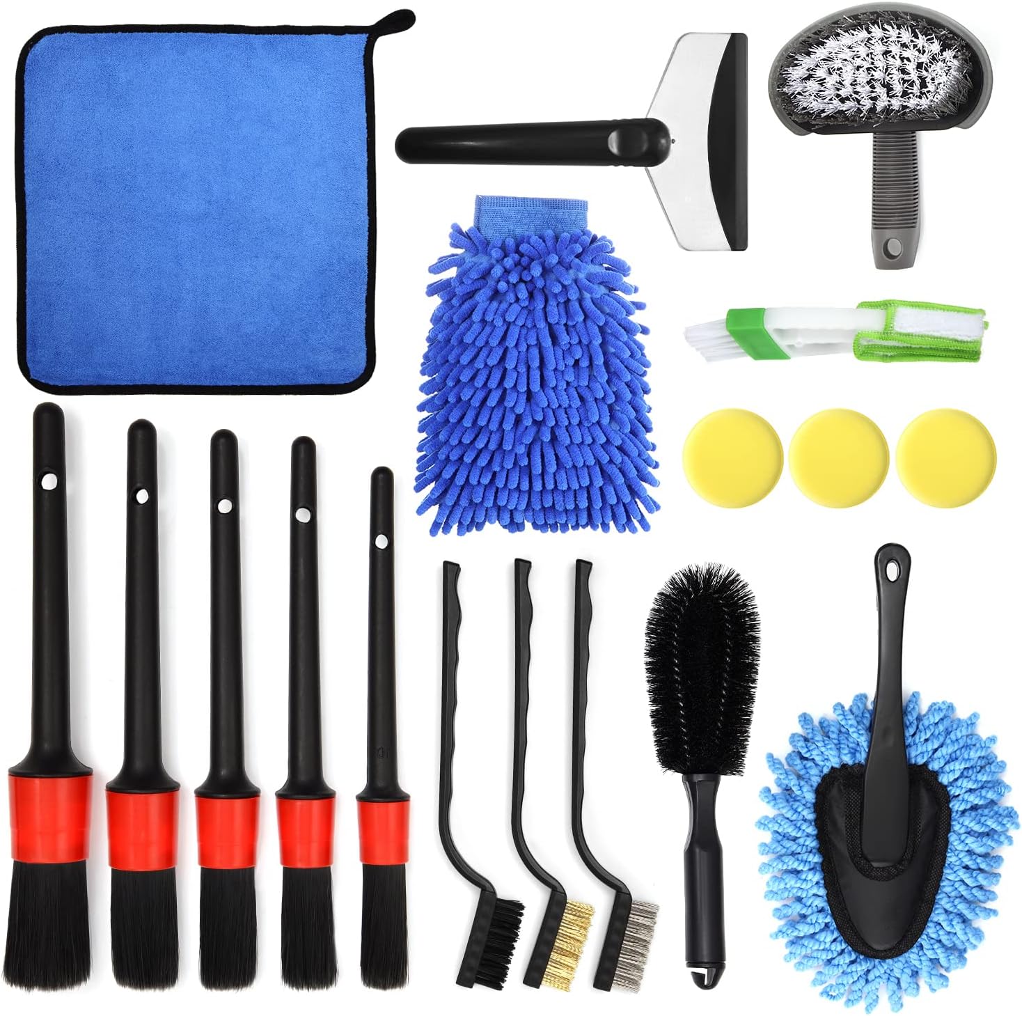 Kit de limpieza de coche de 18 piezas con guante de lavado, esponja, toallas y cepillo para neumáticos, set para cuidado interior y exterior