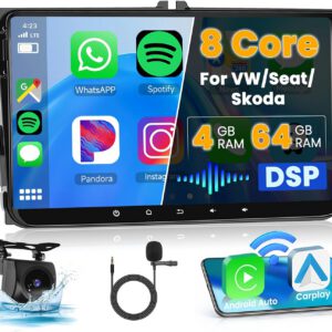 Radio Android 15 de 8 núcleos, 4G+64G y DSP para VW Golf 5/6, Polo, Passat, Tiguan, T5 Transporter y Seat Leon, CarPlay inalámbrico, Android Auto, pantalla táctil 9″, Bluetooth, GPS, WiFi, RDS, FM, USB y cámara