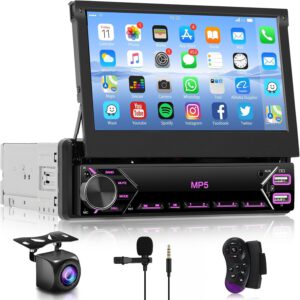 Pantalla táctil plegable Hodozzy de 7″, radio 1 DIN con Bluetooth, reproductor MP5, radio FM, MirrorLink, conector Type-C, puertos USB y AUX, U Disk, control de volante y cámara
