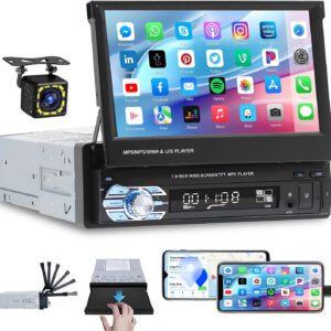 Radio Hikity 1 DIN con pantalla retráctil de 7″, Bluetooth, manos libres, USB, FM, Mirror Link, AUX y cámara trasera