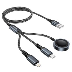 Cable cargador magnético 3 en 1 para Apple Watch, 4 pies, USB-C, carga rápida, cargador múltiple con Lightning/USB-C/iWatch para Apple Watch Series 9/8/7/6/SE/5/4/Ultra y iPhone 16/15/14/13/12