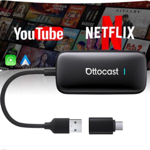 OTTOCAST Play2Video Ultra 2026 AI Box, adaptador inalámbrico CarPlay y Android Auto, Netflix, YouTube, DAZN, Spotify, WiFi 6, 4GB+32GB, plug & play para coches con CarPlay cableado desde 2016